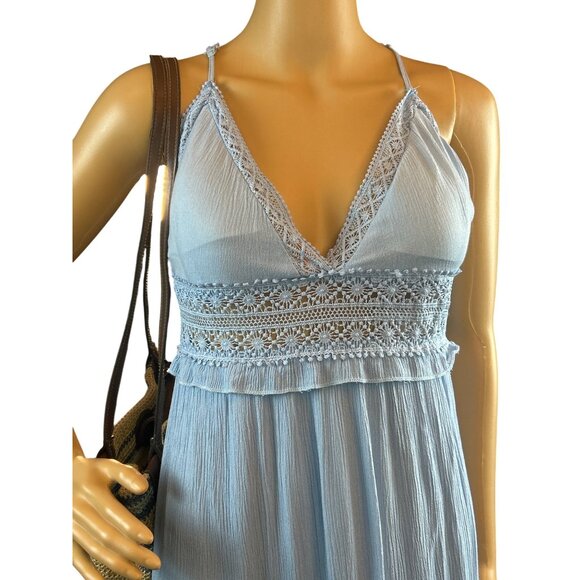 Womens Plunge Gauzy Maxi Dress Medium Baby Blue Crochet Lagenlook Boho - Picture 7 of 8